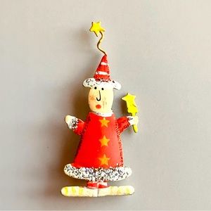 Vintage Christmas Santa Claus Sparkling Tin Metal Pin Brooch 2.8”